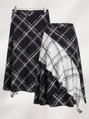 Nine West Black & White Plaid Asymmetrical Ruffle Midi Skirt - Size 10